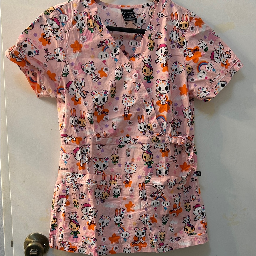 TOKIDOKI Pink Cherry Blossoms and Characters Print Scrub Top, Sz XS